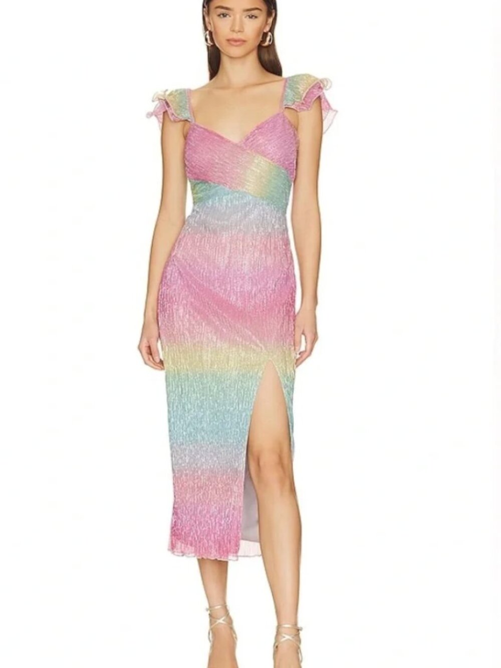 Saylor Myrah Wrap Front Slit Ruffle Strap Metallic Ombre Midi Dress Medium
